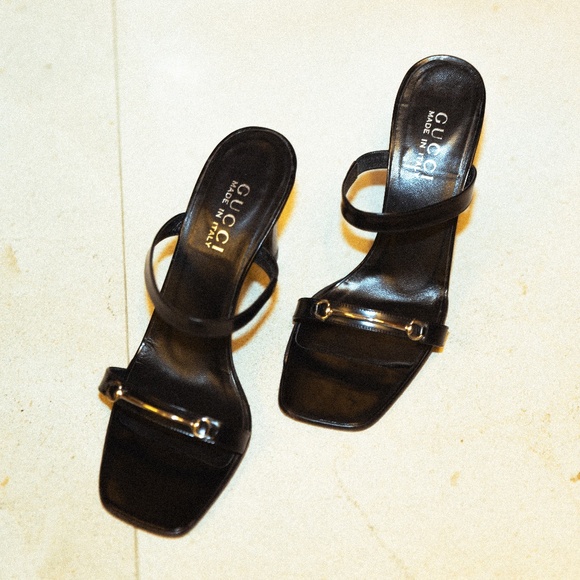 Black Gucci Sample Sandal Heels with Silver Horsebit Hardware